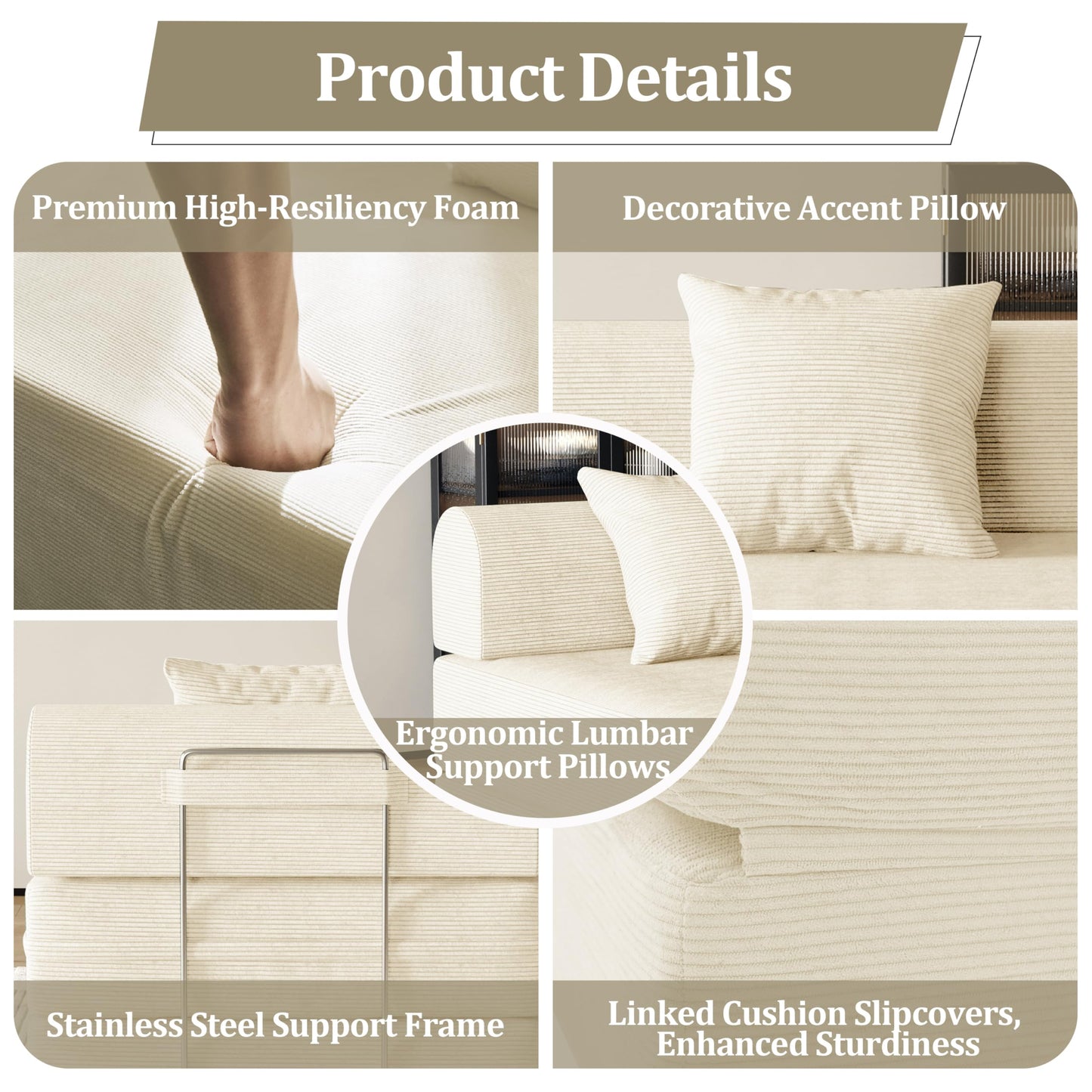31.5'' Convertible Compressed Corduroy Folding Cloud Sofa Bed, Modern Boneless Pull Out Sleeper Sofa Couch in a Box, 3 in 1 Portable Lazy Floor Lounge Chair, No Assembly Needed, Beige, Pillow, Single