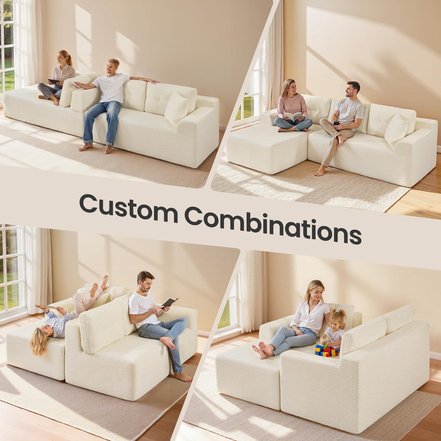 VASAGLE Boneless Couch, Modern Cloud Couch with Deep Seat, Corduroy Sofa for Living Room, Bedroom, Modular Sectional Sofa with Left-Facing Chaise, 108.3 Inches, Cloud White ULCS181WD01