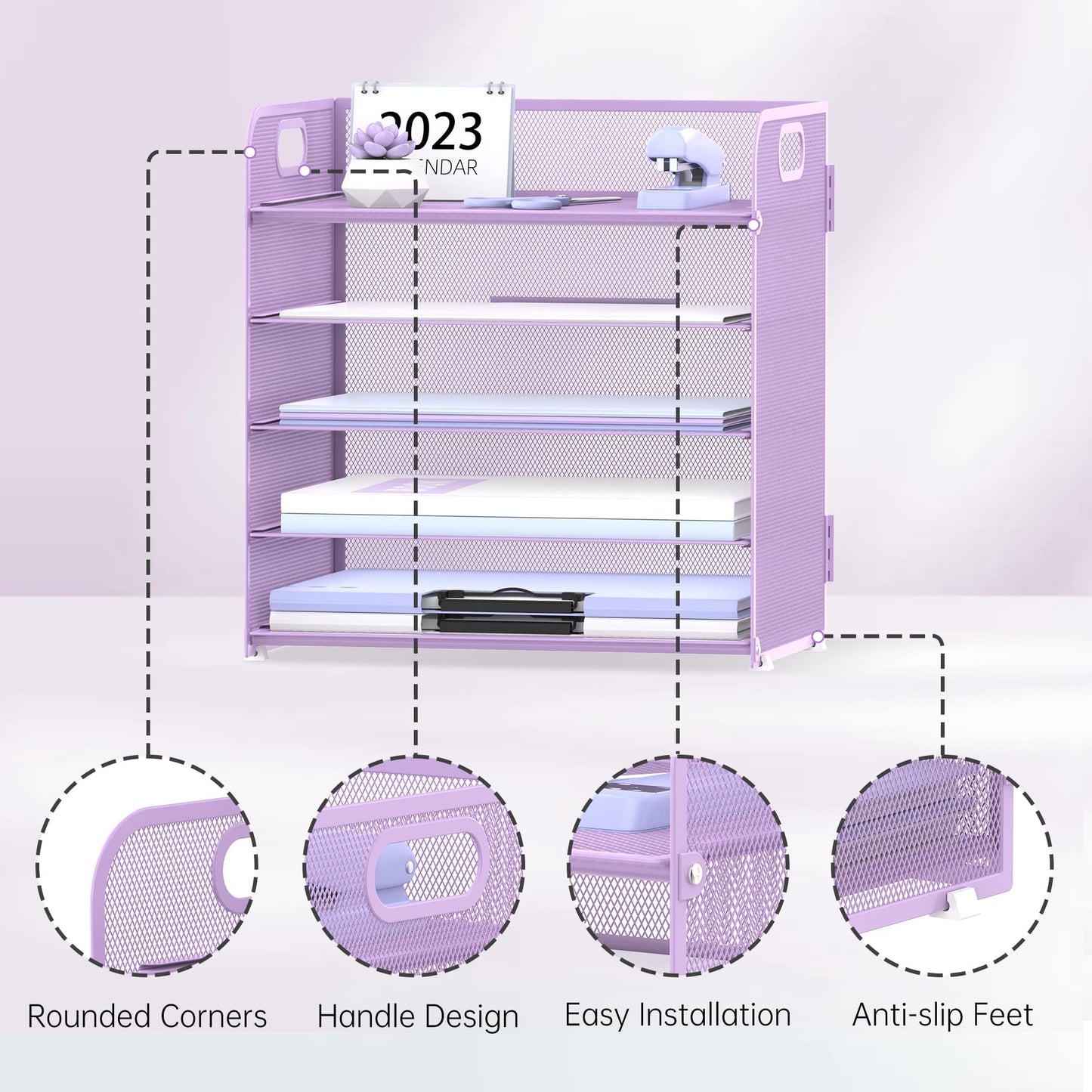 2 Pack 5-Tier Purple Desk Organizer with Handle Mesh Desk File/Paper Organizer Letter Tray for Office, School and Home Easy Installation Purple Office Supplies
