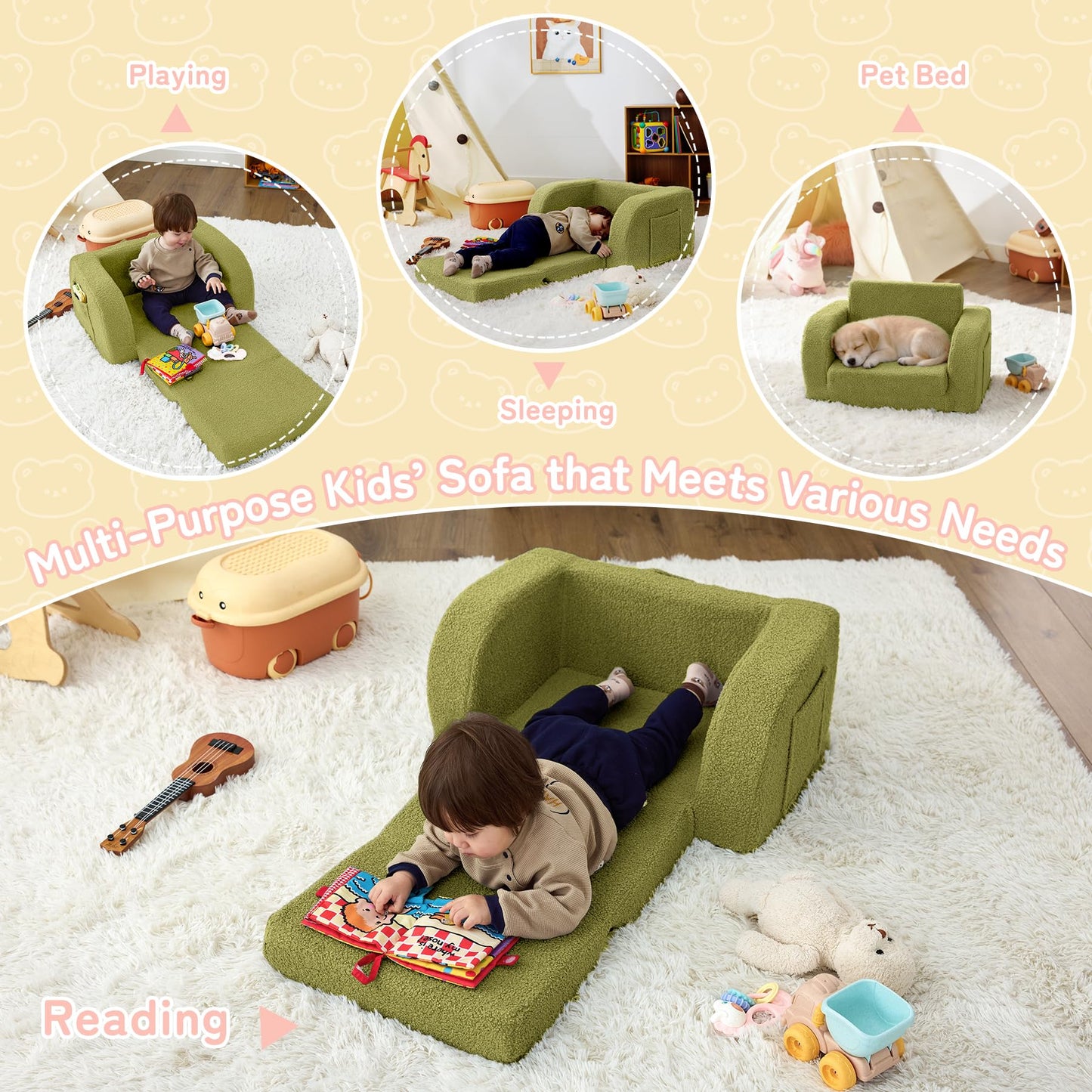 Toddler Couch, 2-in-1 Toddler Chairs Comfy 1-3 Years Old, Toddler Chair for Girls and Boys, Kids Couch Bed Fold Out, Convertible Baby Sofa to Lounge Chair for Playing, Reading, Napping, Green