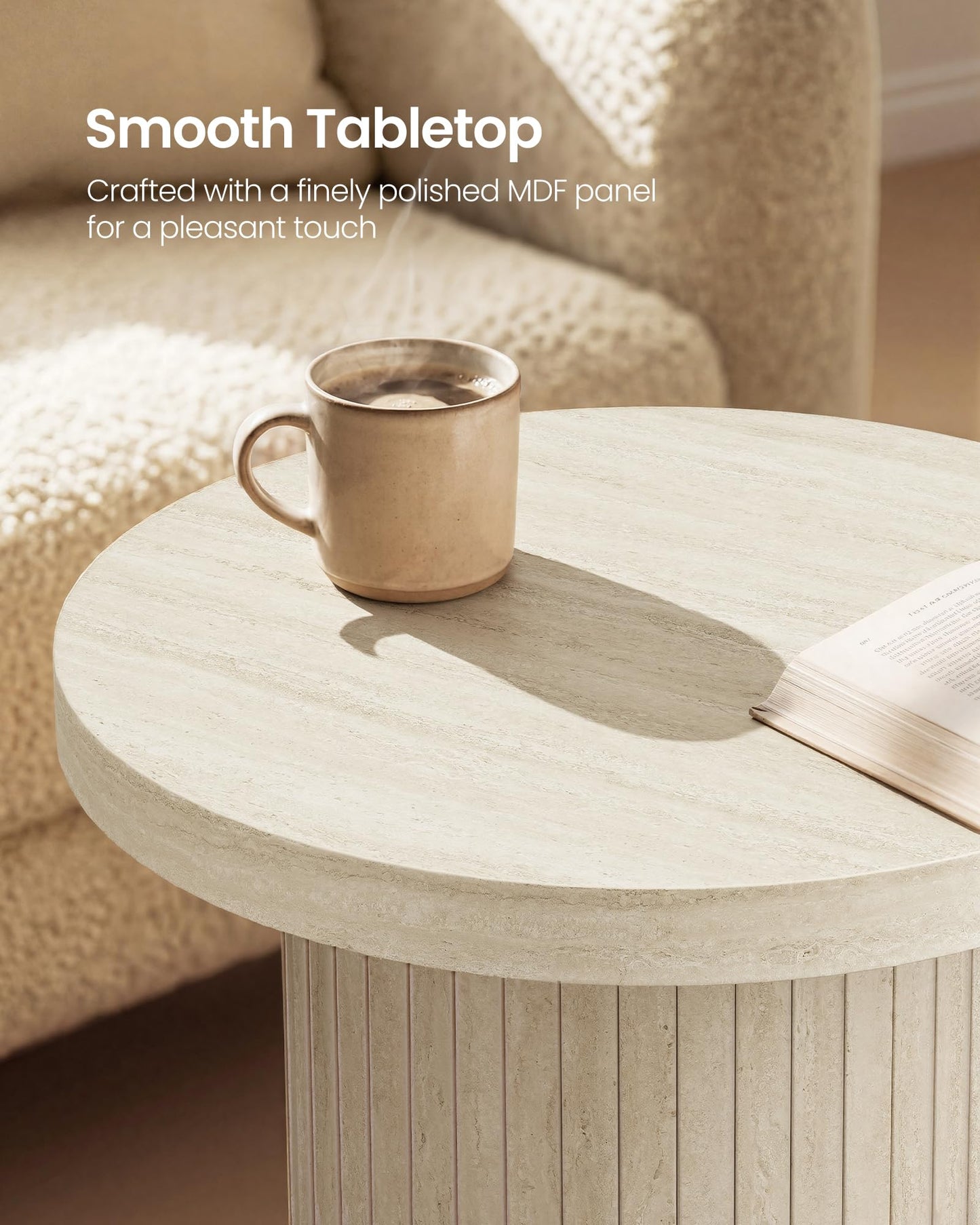 VASAGLE Round Side Table, Tambour End Table, Mid Century Modern Nightstand, Easy Assembly, for Small Spaces, Living Room, Bedroom, Home Office, 17.7 x 19.7 Inches, Travertine Beige ULET295L101