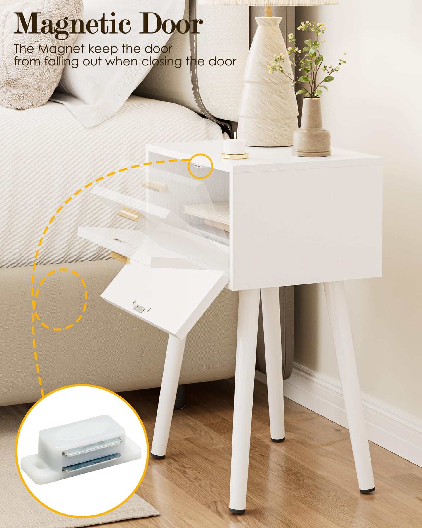 ASACESCU Night Stand, White Nightstand with Fluted Door, Small Modern Mid-Century Bedside Table for Bedroom, End Table for Living Room