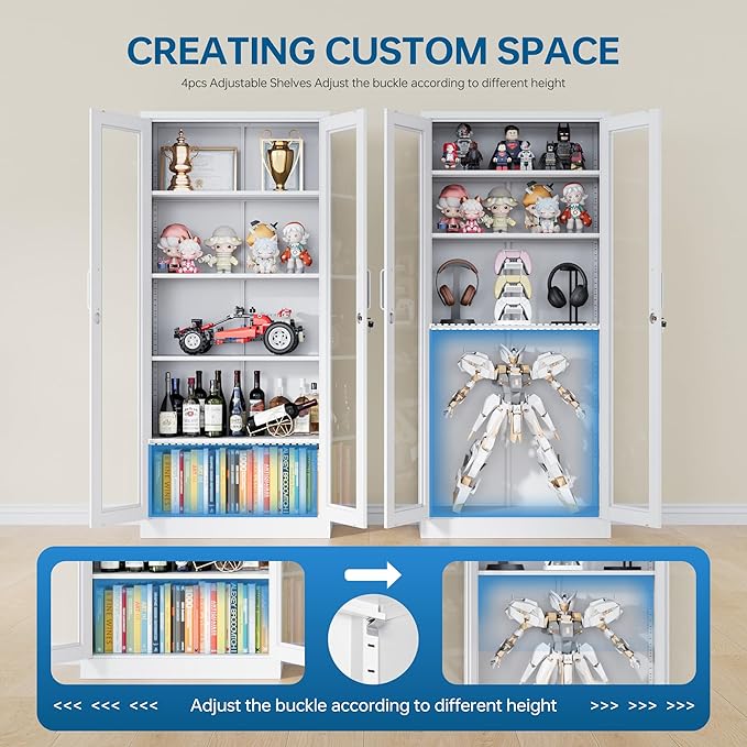 PEUKC Display Cabinet with Glass Doors, 71 Inches Metal Display Case with 4