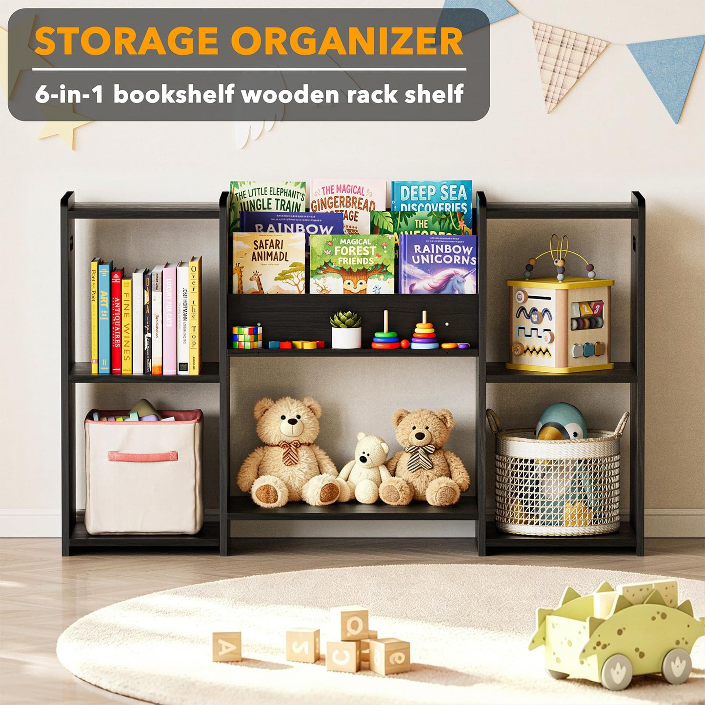 SpaceAid 6-in-1 Bookshelf Storage Organizer, Montessori Bookcase for Toddlers, Wooden Book Rack Shelf Cabinet Furniture for Kids Rooms, Playroom, Nursery and Classroom, 45.6“ Wide, Black