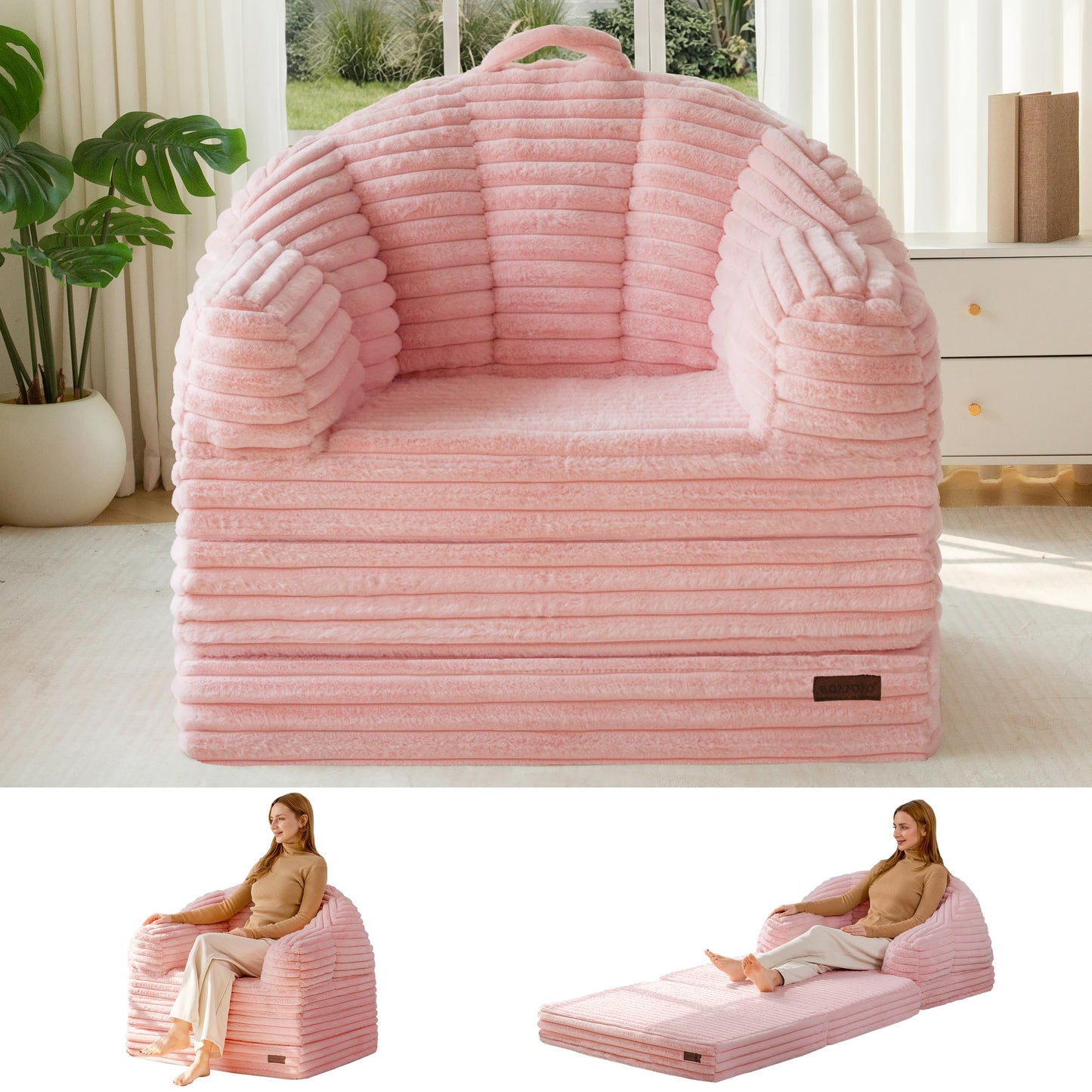 MAXYOYO Folding Sofa Bed, 2 in 1 Convertible Sofa to Lounger Comfy Faux Fur Bean Bag Chair for Adults, Floor Single Couch Chair with Handle, Couch Bed for Living Room Bedroom, Pink