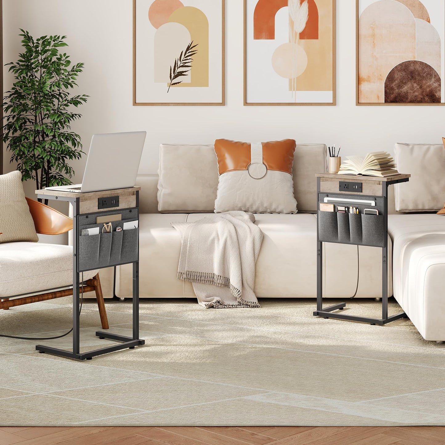 HOOBRO C Shaped End Table with Charging Station, 28" H Couch Side Table Slide Under, Sofa Arm Tray Table with Storage Bag for Living Room, Recliner, Greige BG70USF01