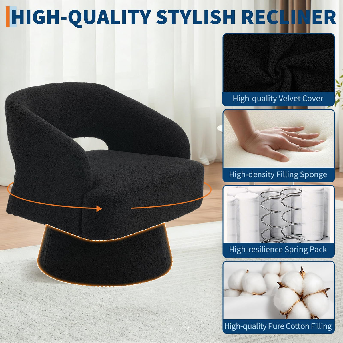 IDEALHOUSE Modern Swivel Accent Chairs Set of 2, Oversized Teddy Barrel Chairs, 360° Thickened Soft Cushion Rotating Round Arm Chairs for Living Room, Bedroom, Reading Nook, Black