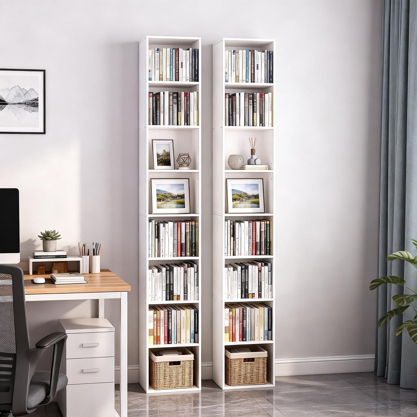 NewBeth 8-Cube Storage Organizer Bookcase, White, Tall Narrow Bookshelf for Home Office (White)