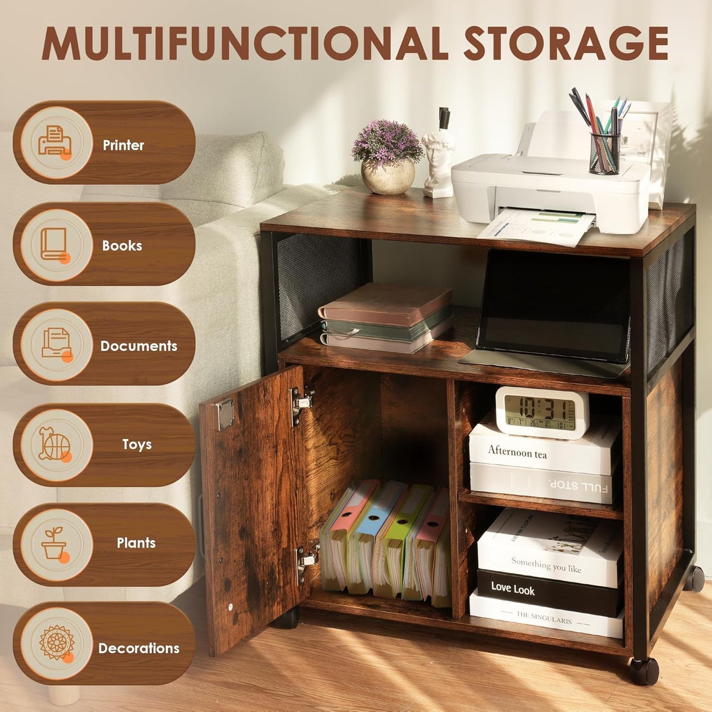 Rengue Lockable Lateral File Cabinet, Mobile Printer Stand Office Storage Organizer with Lockable Wheels & Charging Ports Height Adjustable Shelves for Home Office