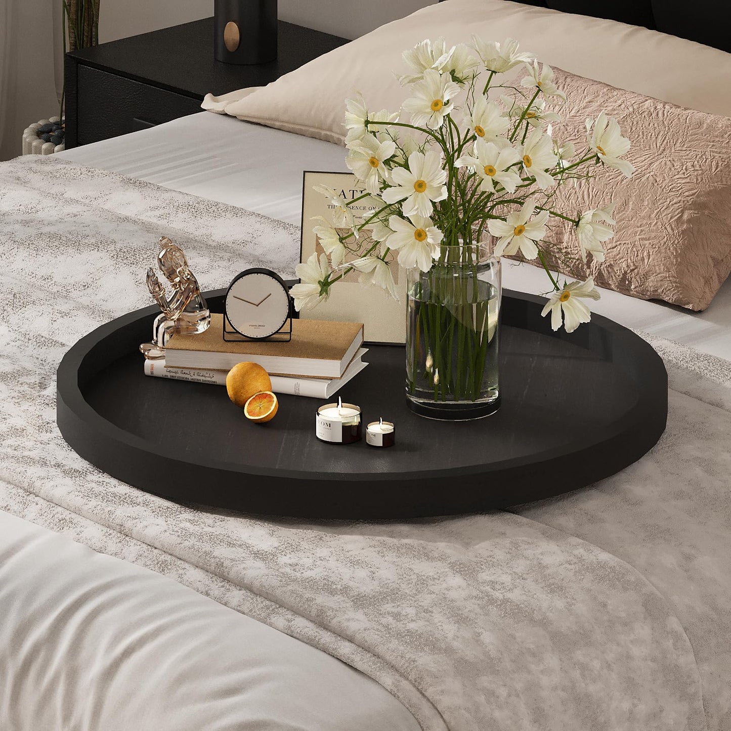 Round Ottoman Tray Large Wood Serving Tray for Table Living Room Bedroom, 20 Inches Black