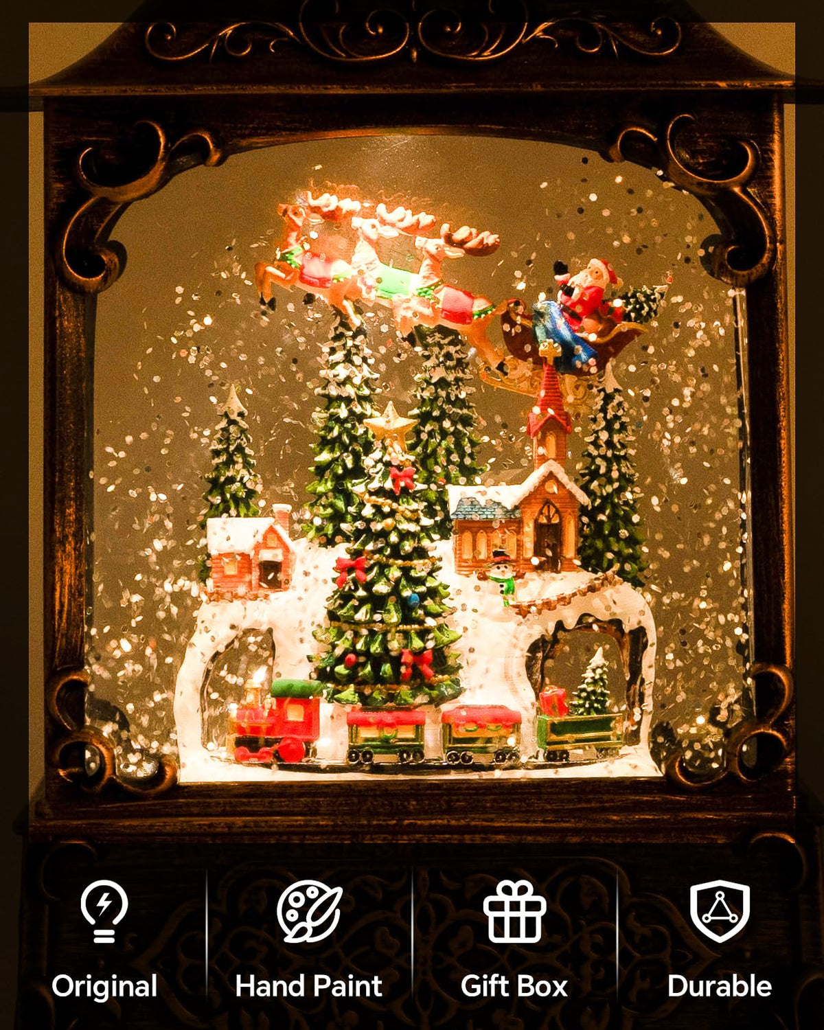 Snow Globe, Santa Snow Globe Christmas Tree, Lighted Musical Decorations Lantern,Village Houses, Train Battery, Reindeer, USB or Battery Operated，Gifts for Men and Kids.