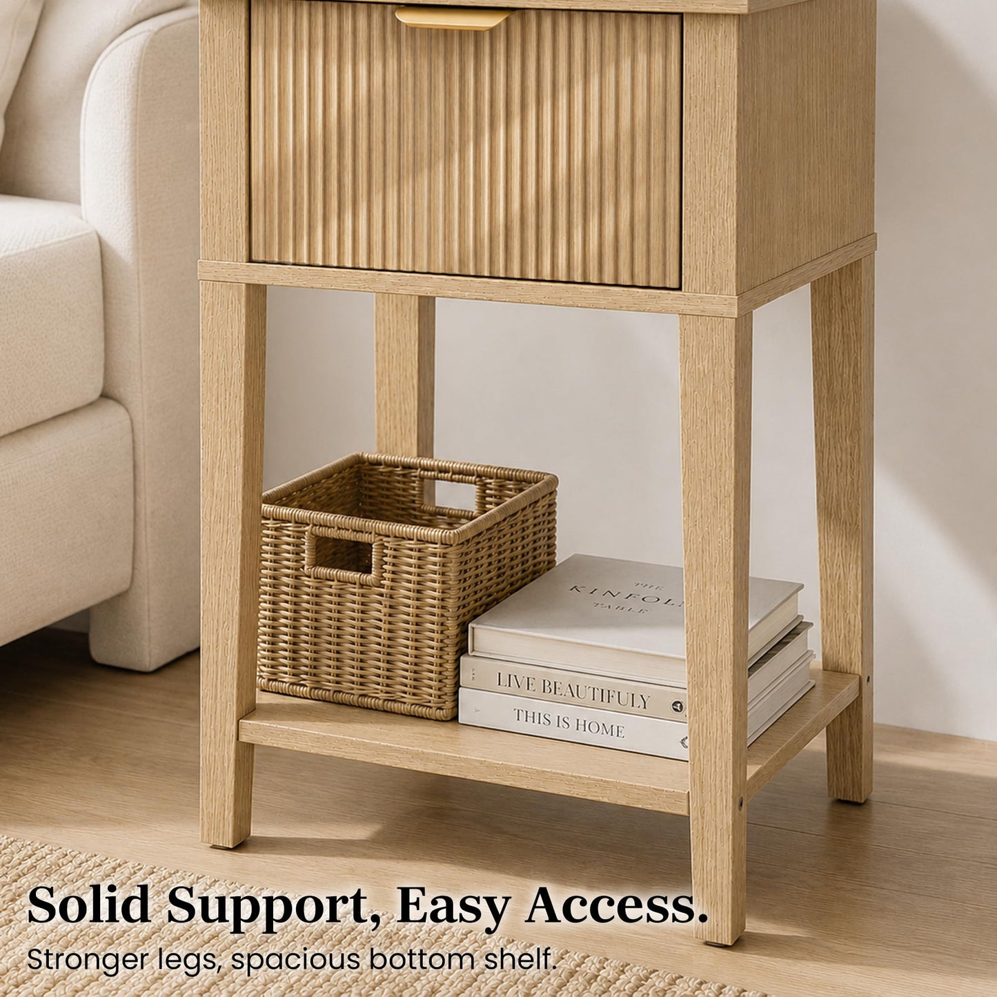 RIHHA Modern Fluted Small Wood Nightstand, 11.8" Deep x 15.4" Narrow Bedside Table with Drawer & Open Shelf, Boho Scandinavian Accent End Table for Bedroom & Sofa - Oak