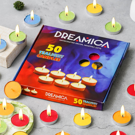 Dreamica Multicolor Tealight Candles Pack of 50 – Smokeless Long Burning Wax Tea Light for Home Décor, Diwali, Puja, Parties & Weddings – Unscented Round Tealight Candle Set