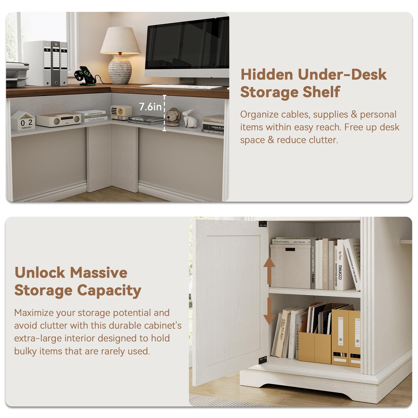 Farmhouse L Shaped Executive Desk with 4 Drawers and Charging Station, Wood Corner Home Office Computer Desk with File Cabinet Storage, Hidden Under Desk Storage Shelf, Headphone Hook - Brown+White