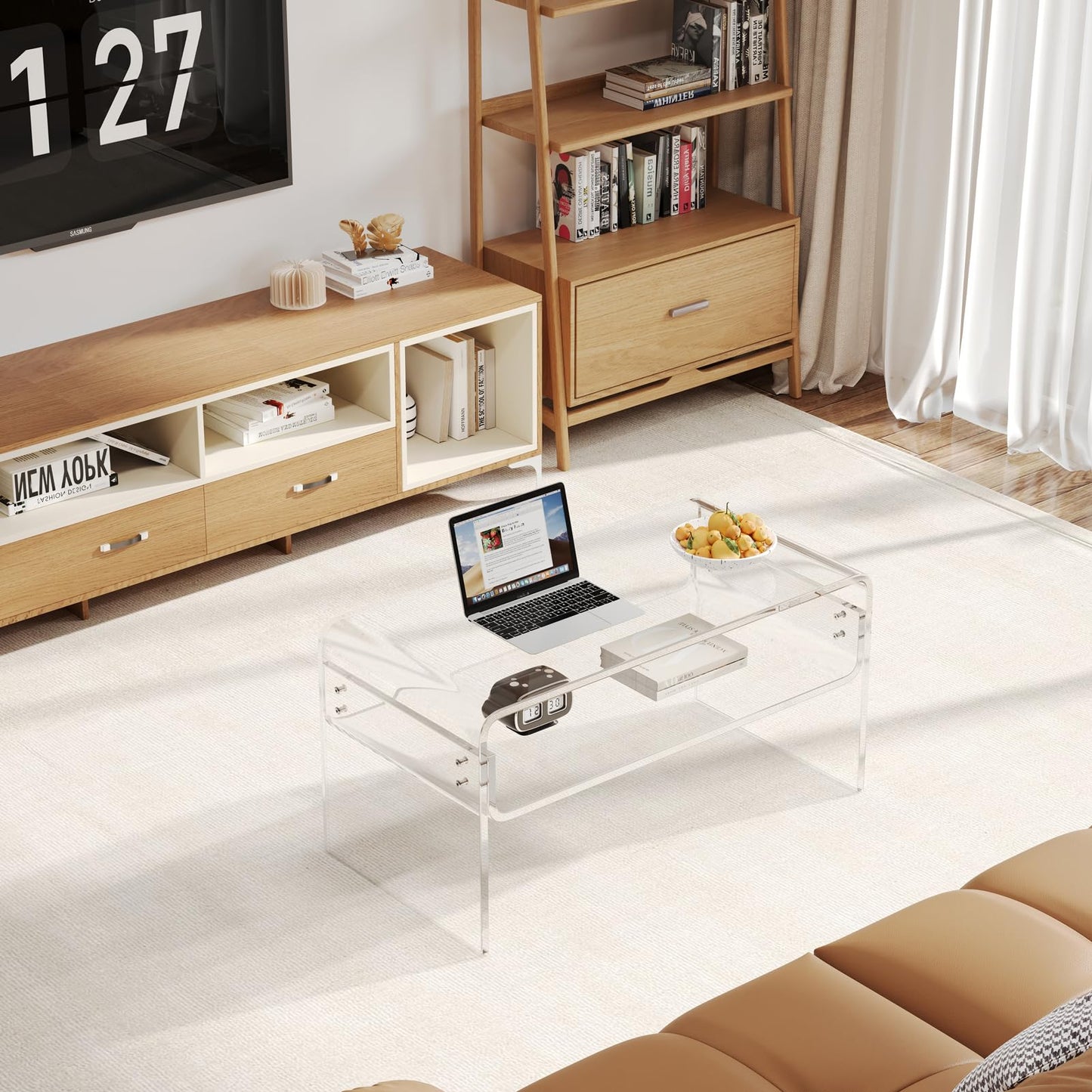 XOHYW Acrylic Coffee Table, Clear Rectangle Side Table Furniture, Modern Tea Table With Open Storage, End Table for Living Room, Office Reception and Bedroom