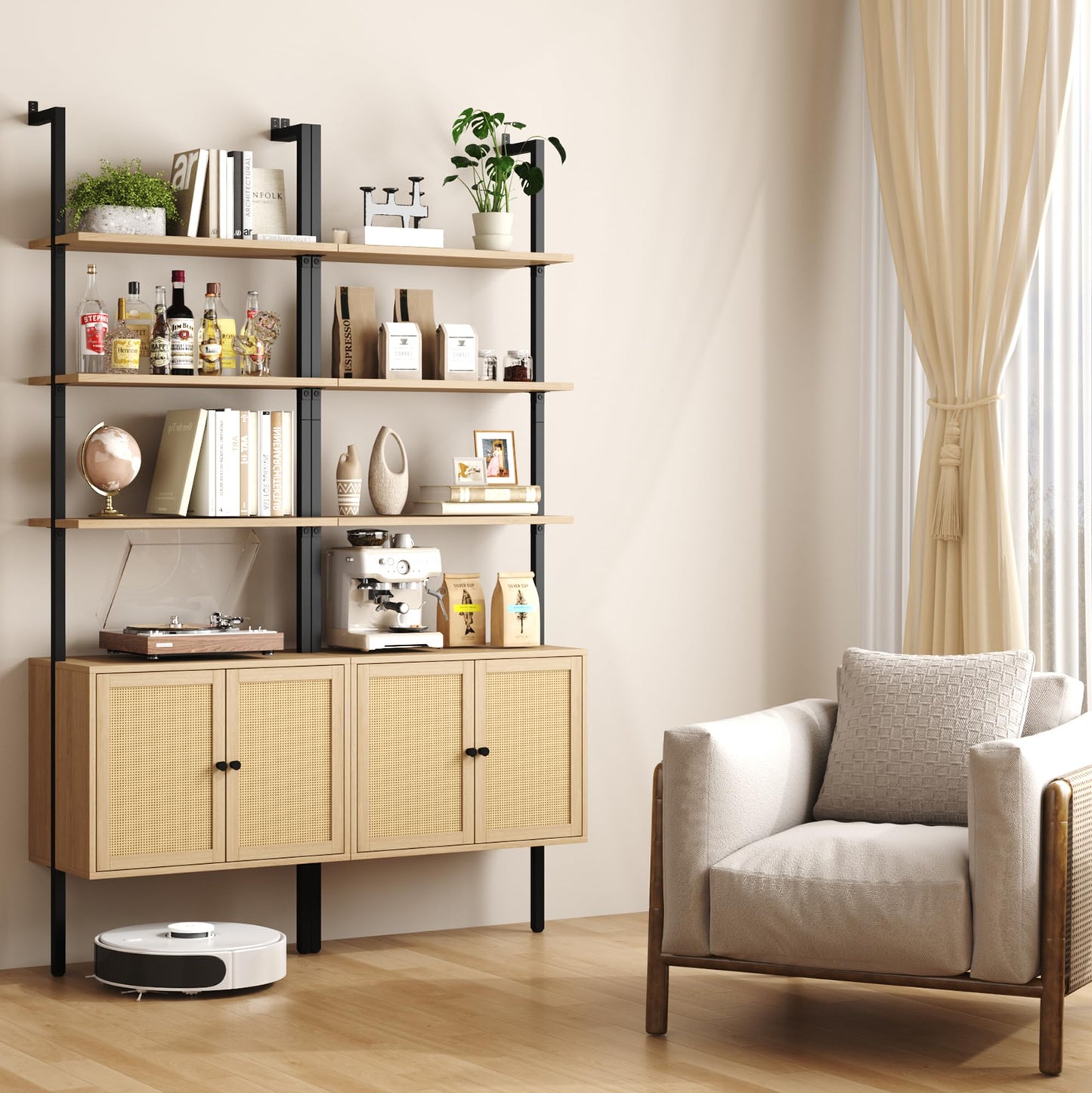 Yusong 73" Tall Bookshelf with Cabinet, Industrial Ladder Wall Mount Shelf Rattan Bookcase with Wood and Metal Frame, Plant Shelf Wall Storage Display for Living Room Bedroom,Light Ivory Brown