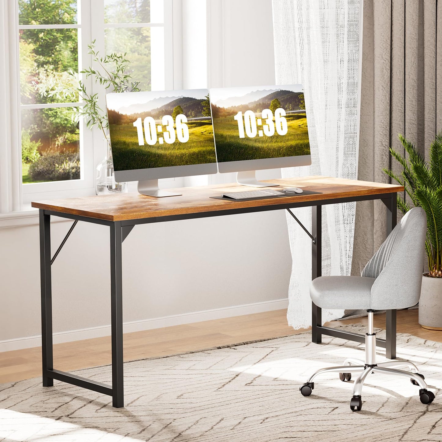 Sweetcrispy Computer Small Office Desk 40 Inch Student Study Writing Work with Headphone Hooks & Storage Bag Modern Simple PC Home Bedroom Table, Rustic Brown