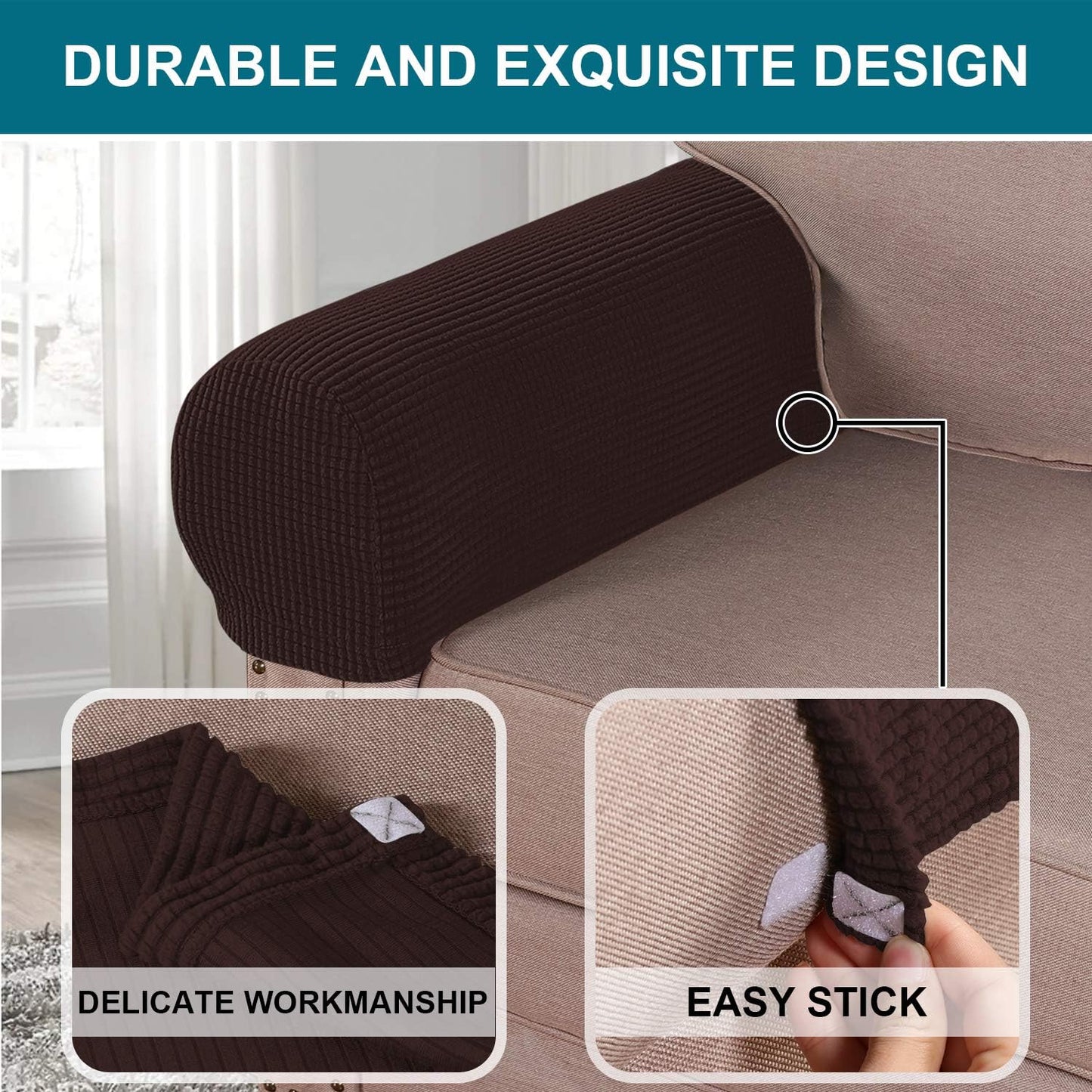 Turquoize Stretch Armrest Covers for Chairs and Sofas Couch Arm Covers for Sofa Spandex Jacquard Armrest Cover Anti-Slip Furniture Protector Washable Armchair Slipcovers for Recliner Set of 2, Brown