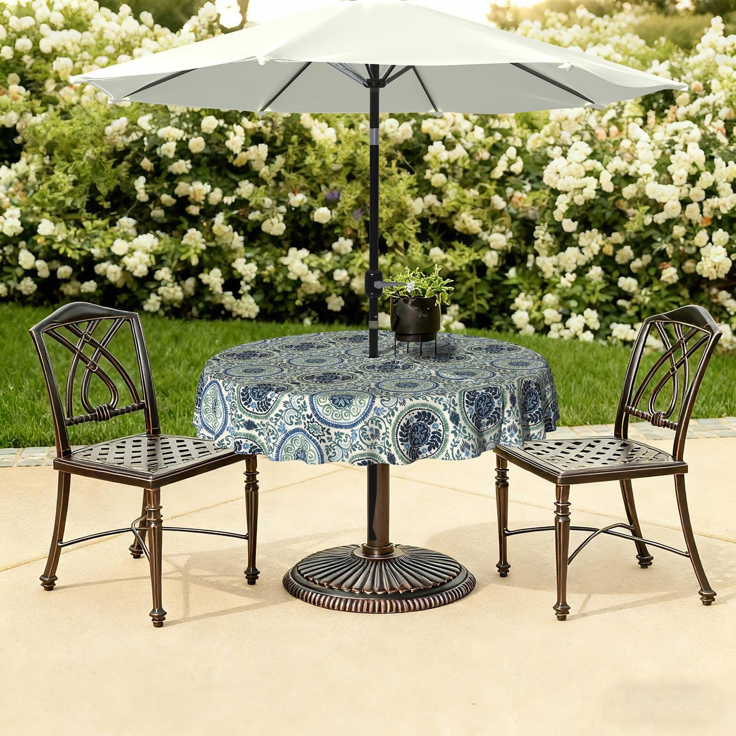 LVTXIII Round Outdoor Tablecloth with Umbrella Hole and Zipper, Water-Repellent 60 Inch Patio Table Cover for Bistro, Garden, Patio & Picnic, Coastal Medallion