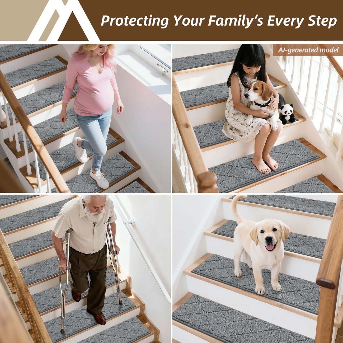 COSY HOMEER Stair Treads for Wooden Steps 9"x28" Washable Indoor Carpet Stair Treads Non Slip Soft Polyester Stair Carpet Tread Reusable Stair Runner Rugs for Kids, Elders,Pets,Medium Grey,4pcs