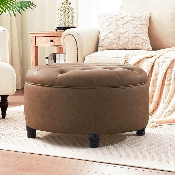 30-Inch Round Storage Ottoman, Button Tufted Ottoman Coffee Table