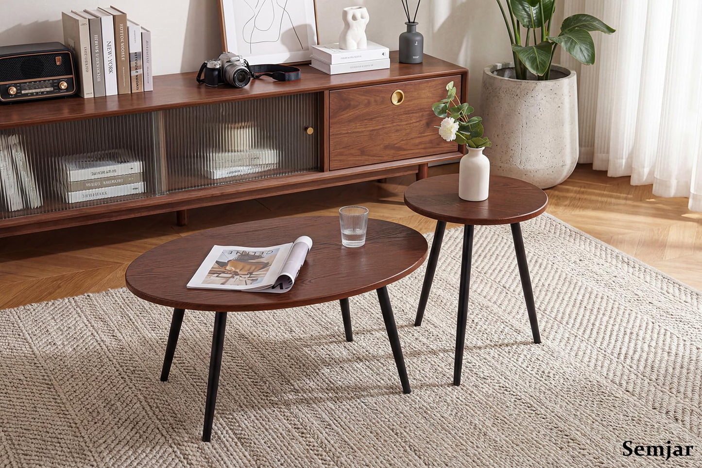 Semjar 2 Pcs Small Oval Coffee Table,31.5" Retro Walnut Coffee Tables Nesting Tables Set,Easy Assembly Mid Century Modern Coffee Tables for Living Room Office,Coffee Table and End Table Sets