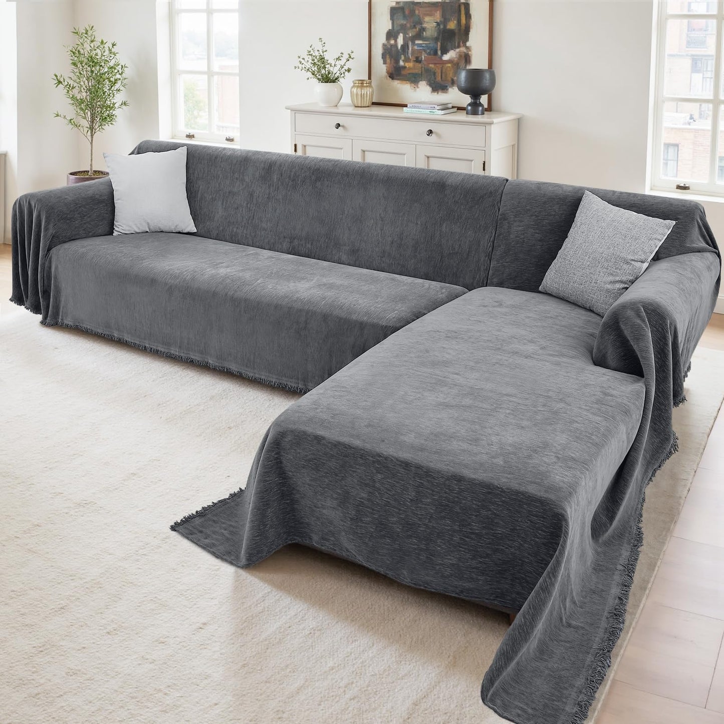 Houmiggle Sectional Couch Covers, 2 Pieces Washable L Shaped Couch Covers Sofa Blanket for Dogs Pet Friendly Sectional Sofa Slipcovers Furniture Covers,71"x118"+91"x134",(XXX-Large,Dark Gray)