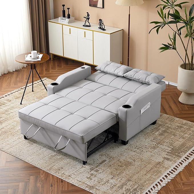 VINGLI Convertible Loveseat Sleeper Sofa, Light Grey Faux Leather Futon Sofa