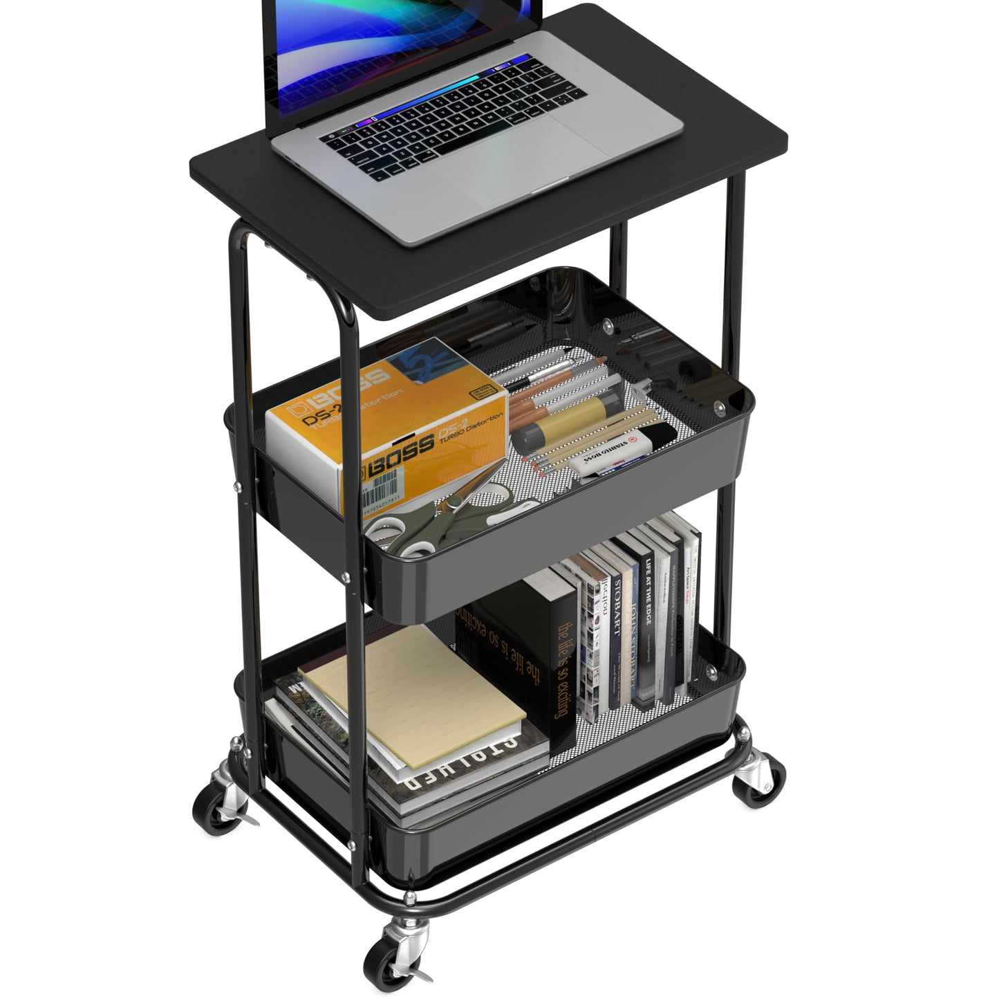 Simple Houseware 2-Tier Rolling Utility Cart with Lockable Wheels and Wood Top, Metal Storage Organizer Trolley for Kitchen, Bathroom, Office, Craft Room, Black