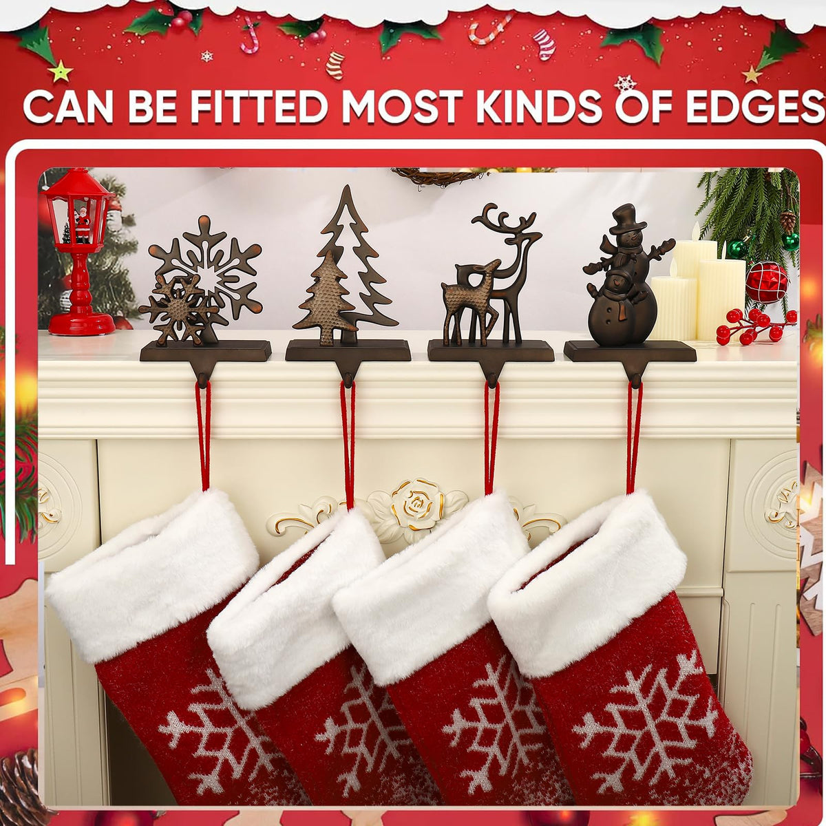 Set of 4 Christmas Stocking Holders for Mantel,Deer Snowman Snowflake Reindeer Stocking Holders for Fireplace Christmas Hanger for Stocking,Metal Stocking Hooks for Xmas Decoration (Black set, 4)