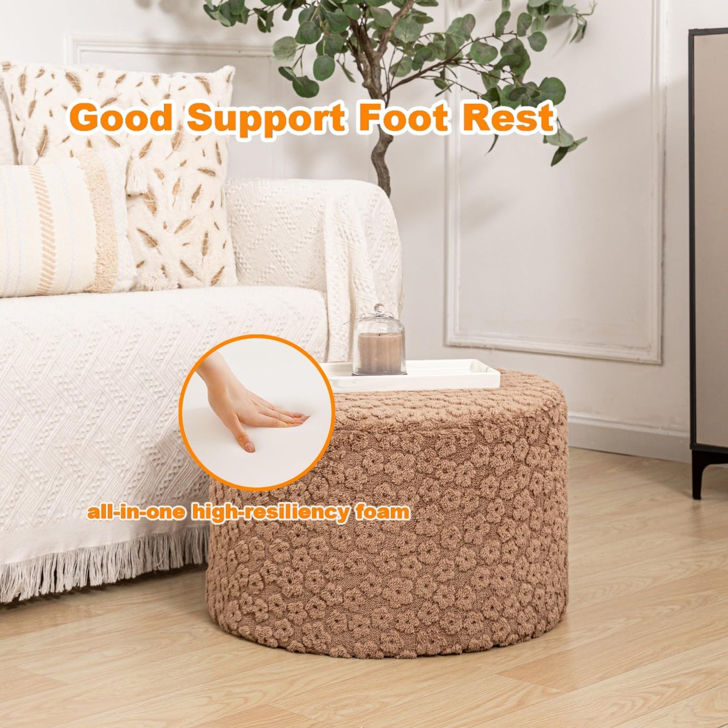 Round Pouf Ottoman 20 x 20 x 14 Inches Boho Poof Home Decor Floor Pouffe Ottoman Foot Rest for Couch Sofa Bean Bag Chairs Living Room Bedroom (Coffee)