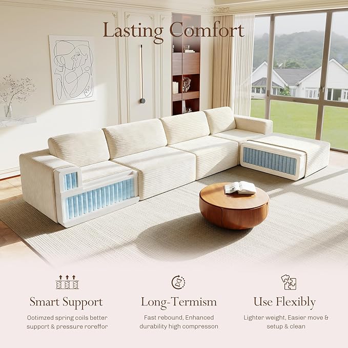 Vesgantti 159" Large Modular Sectional Sofa, L-Shaped Corduroy Cloud Couch