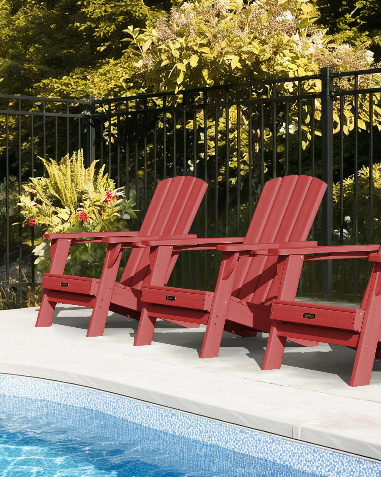 SUUNYN Folding Adirondack Chair, HDPE Adirondack Chairs with 2 Cup Holder, Plastic All-Weather Fire Pit Chairs, Outdoor Lawn Chair for Patio Garden (Red)