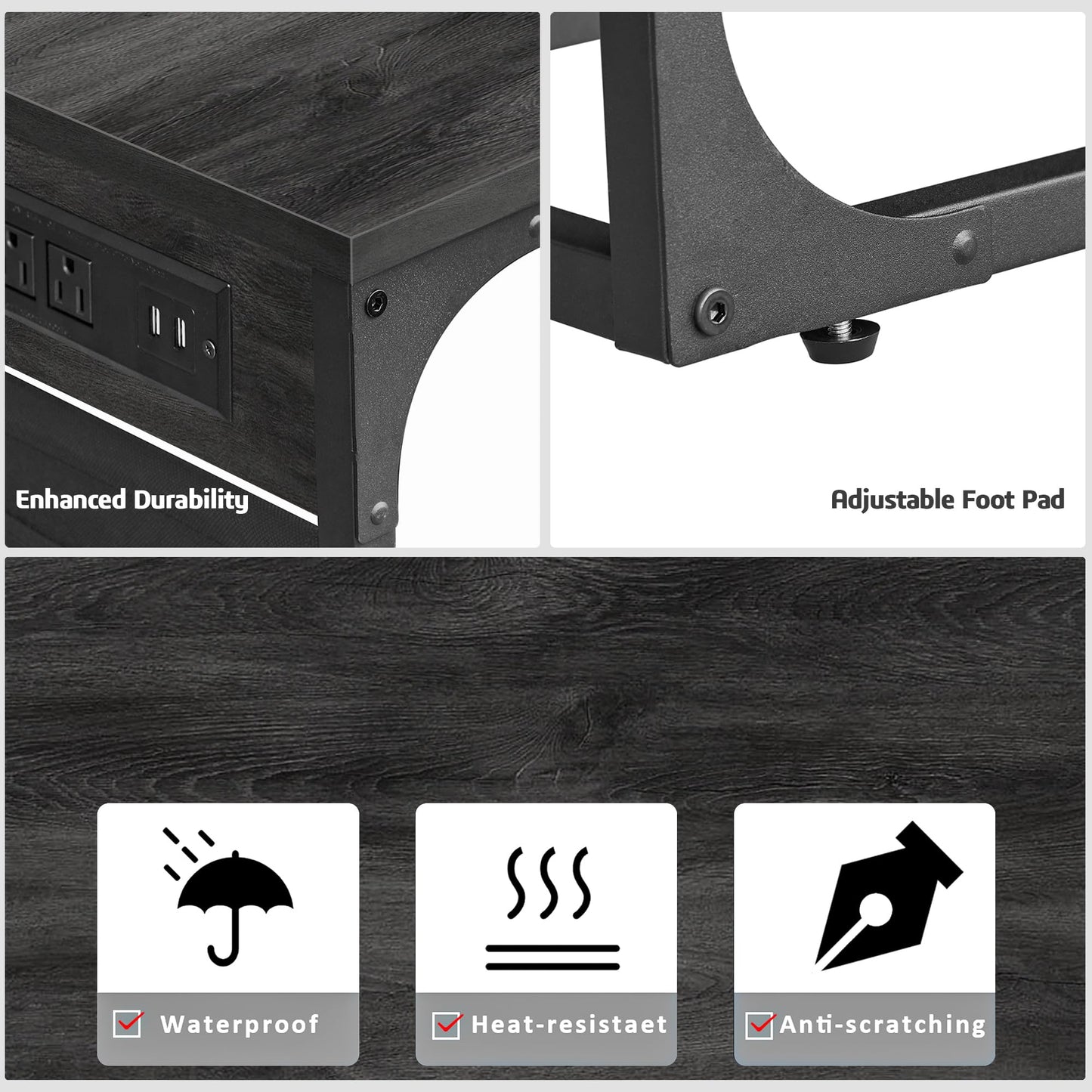 TUTOTAK C Shaped End Table with Charging Station, Side Table for Sofa, Couch Table with Storage Bag, TV Tray Table with 2 USB Ports and Outlets for Living Room, Bedroom, TB01BY024
