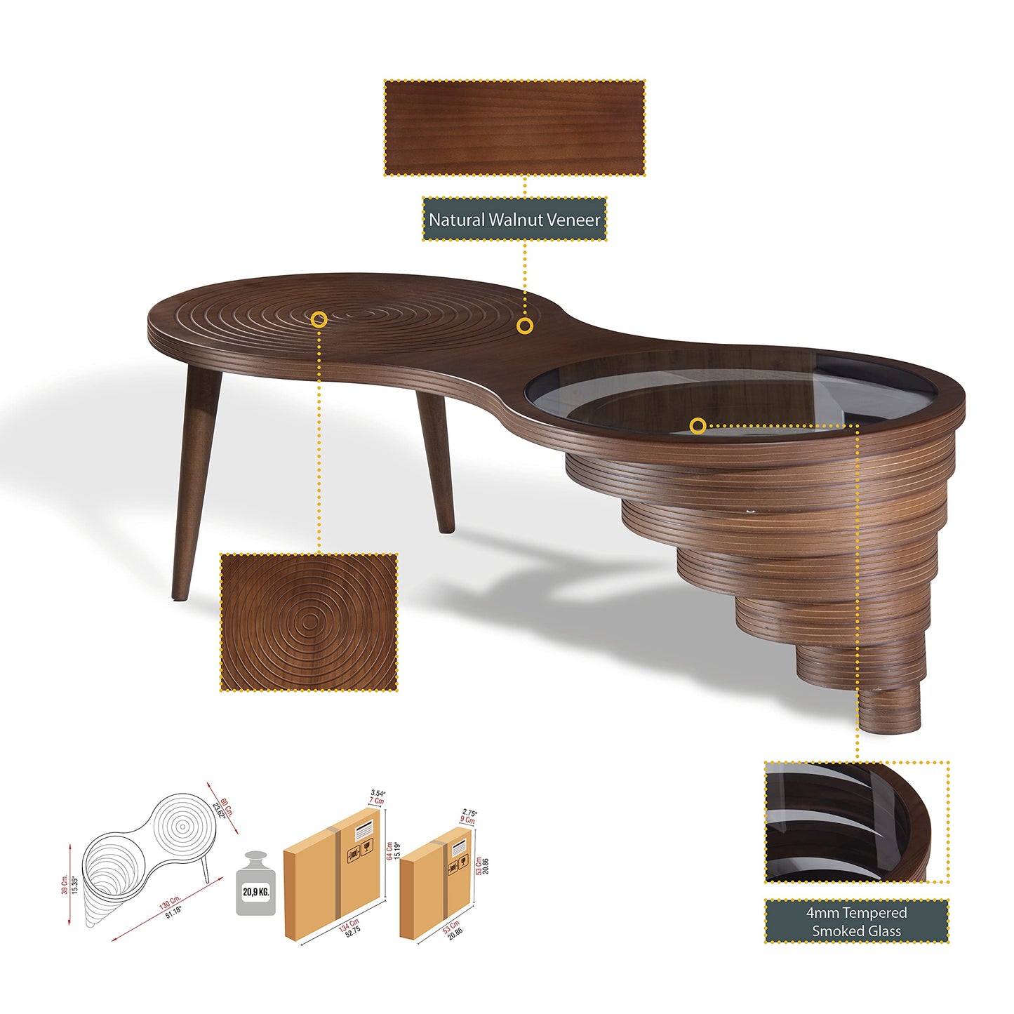 by Papella Design, Natural Walnut Veener Coffee Tables for Living Room, Rustic Table, Mesa De Centro para Sala, Center Table, Glass Table top, Walnut Color, (Relax)