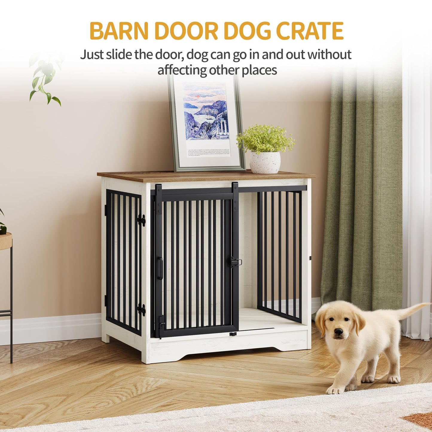 Hzuaneri 27.2" Dog Crate Furniture with Barn Door, Heavy Duty Dog Kennel Indoor with 2 Doors, Wooden Pet Cage End Table for Small Medium Dogs up to 22 lb, Anti-Chew Anti-Escape, White Brown DFC84314B