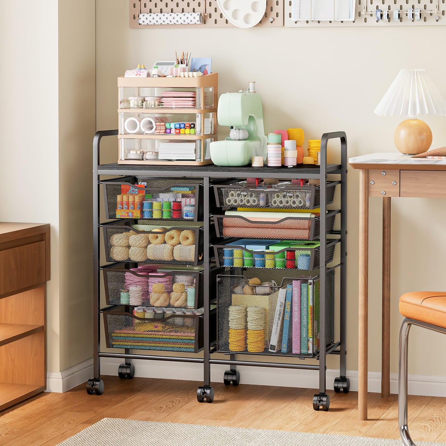 Aokitsink Rolling Cart with Drawers,8-Drawer Storage Cart with Wooden Tabletop and Lockable Wheels,Craft Storage & Art Supply Organizer,Letter-Size File Drawer for Classroom, Office & Home