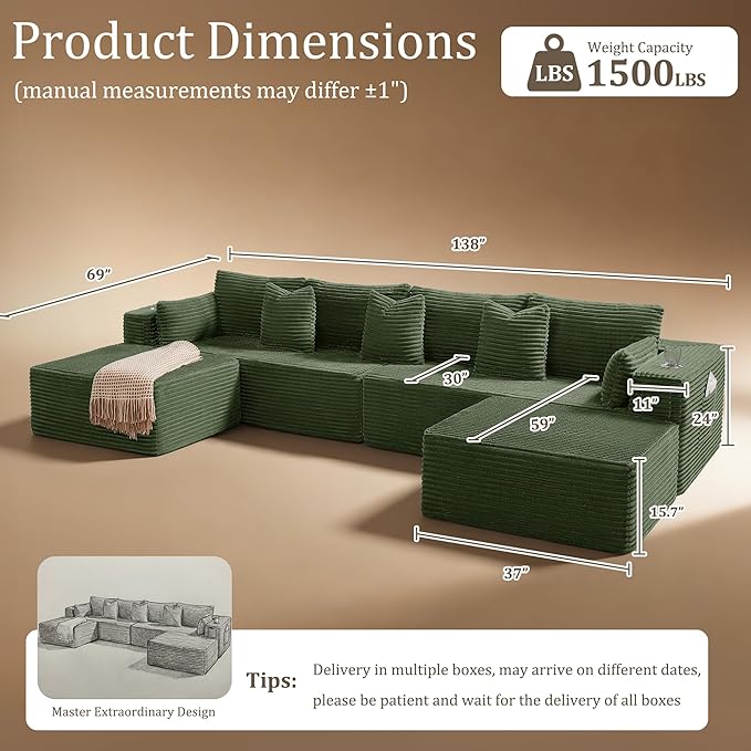 138" Cloud Sectional Couch, Comfort U Shaped Sofa