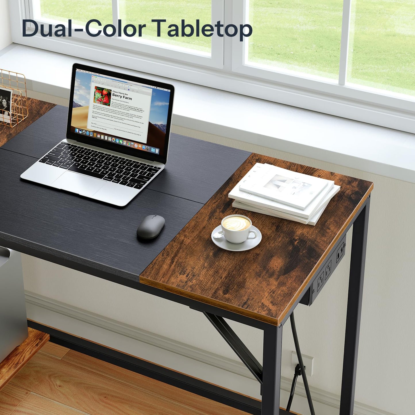 HOOBRO Small Computer Desk, Home Office Desk with Power Outlet, Writing Desk with 2 Shelves, Modern Small Desk for Home Office, Study, Easy to Assemble, Rustic Brown and Black BF43UDN01