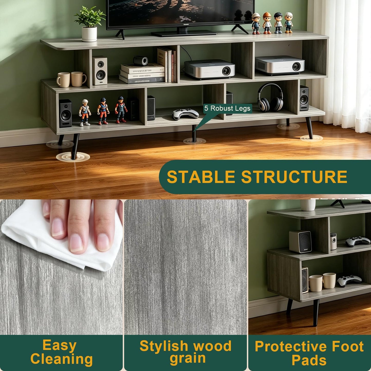ACOHOOK 65" American Walnut TV Stand with Power Outlet,Large Media Console Table for TVs up to 75" with 8 Open Shelves,Entertainment Center for Living Room/Entrance/Kitchen/Sofa Cabinet,Easy Assembly