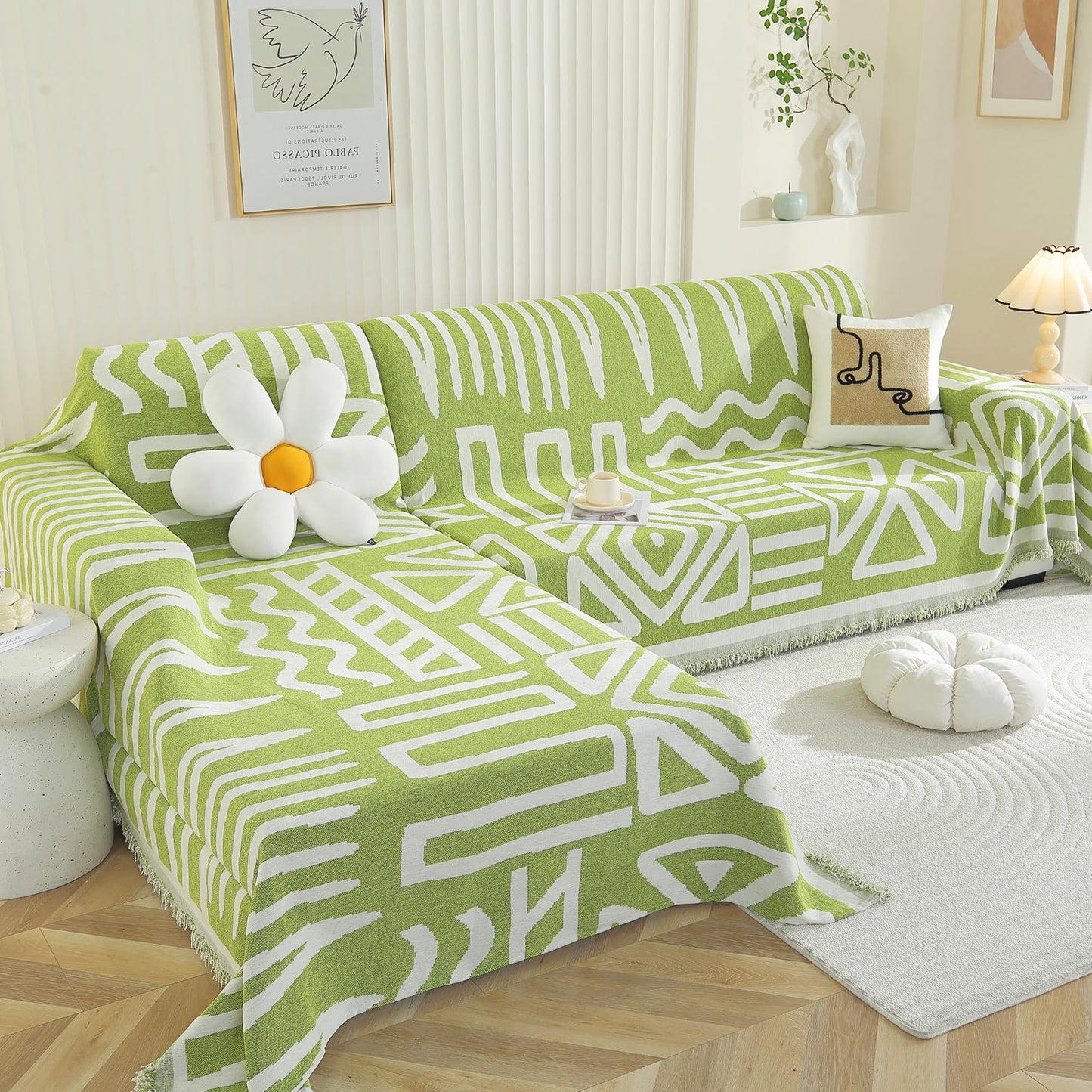Royhom Sectional Couch Covers 2 Pieces, L Shaped Couch Cover Blanket, Boho Sofa Covers Washable, Sofa Slipcover with Tassel, Suitable for All Seasons (71"x110"+71"x118", Green)