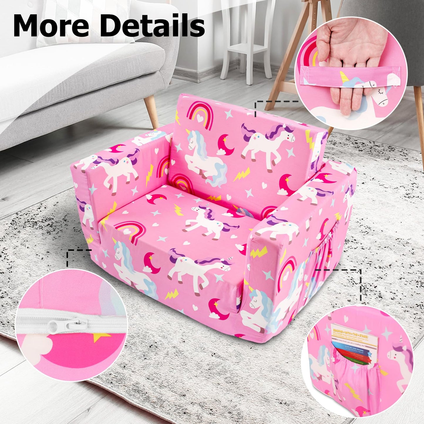 Beavtaens Kids Couch, 2-in-1 Kids Fold Out Couch, Convertible Sofa to Lounger for Girls and Boys, Soft Toddler Chairs Comfy 1-3 Years Old - Light Pink