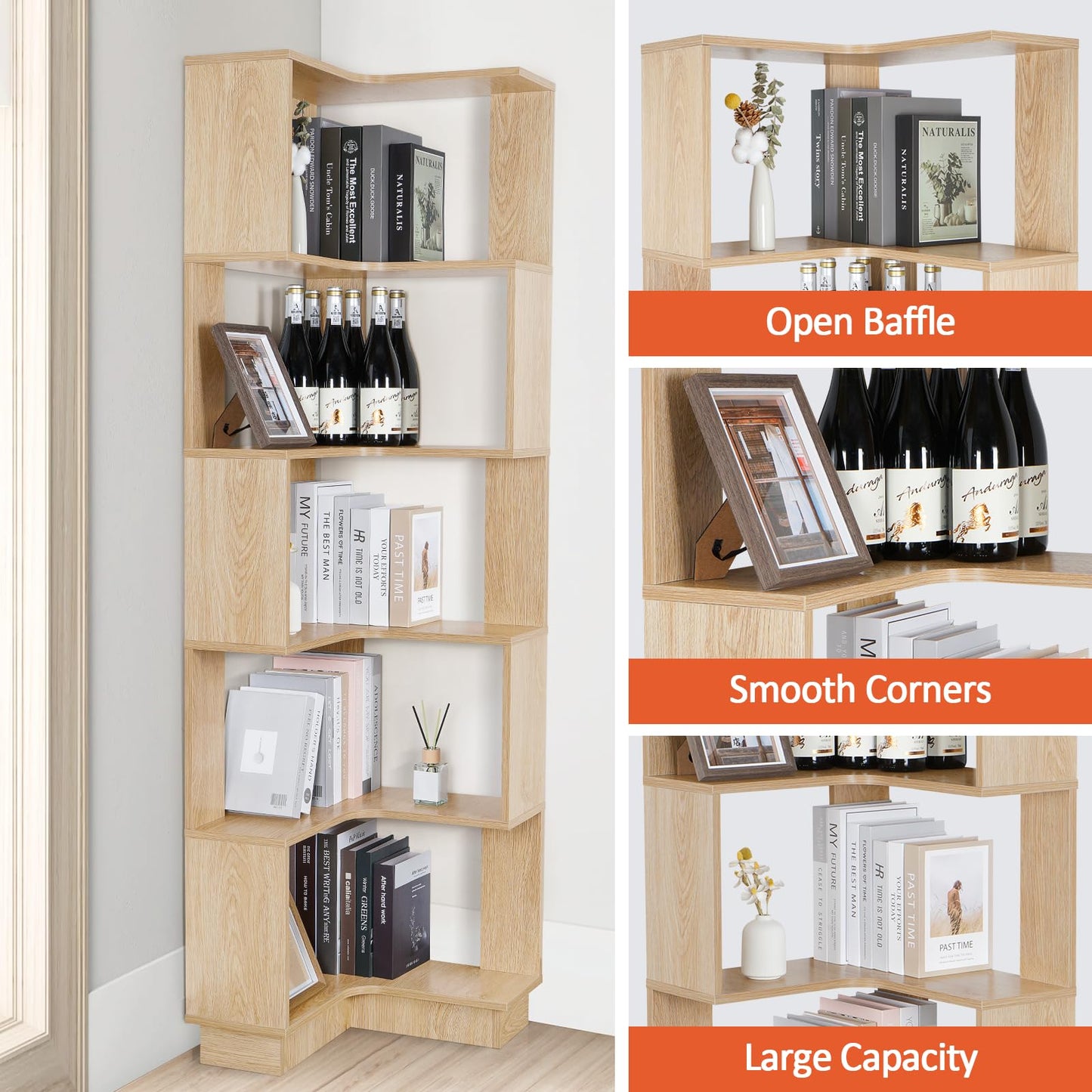 GOOFCXO Wooden Corner Bookcase, 5 Tiers Corner Bookshelf 68.9" L-Shaped Storage Display Rack Tall Large Open Bookshelf with Fixture for Living Room Bedroom Study Office