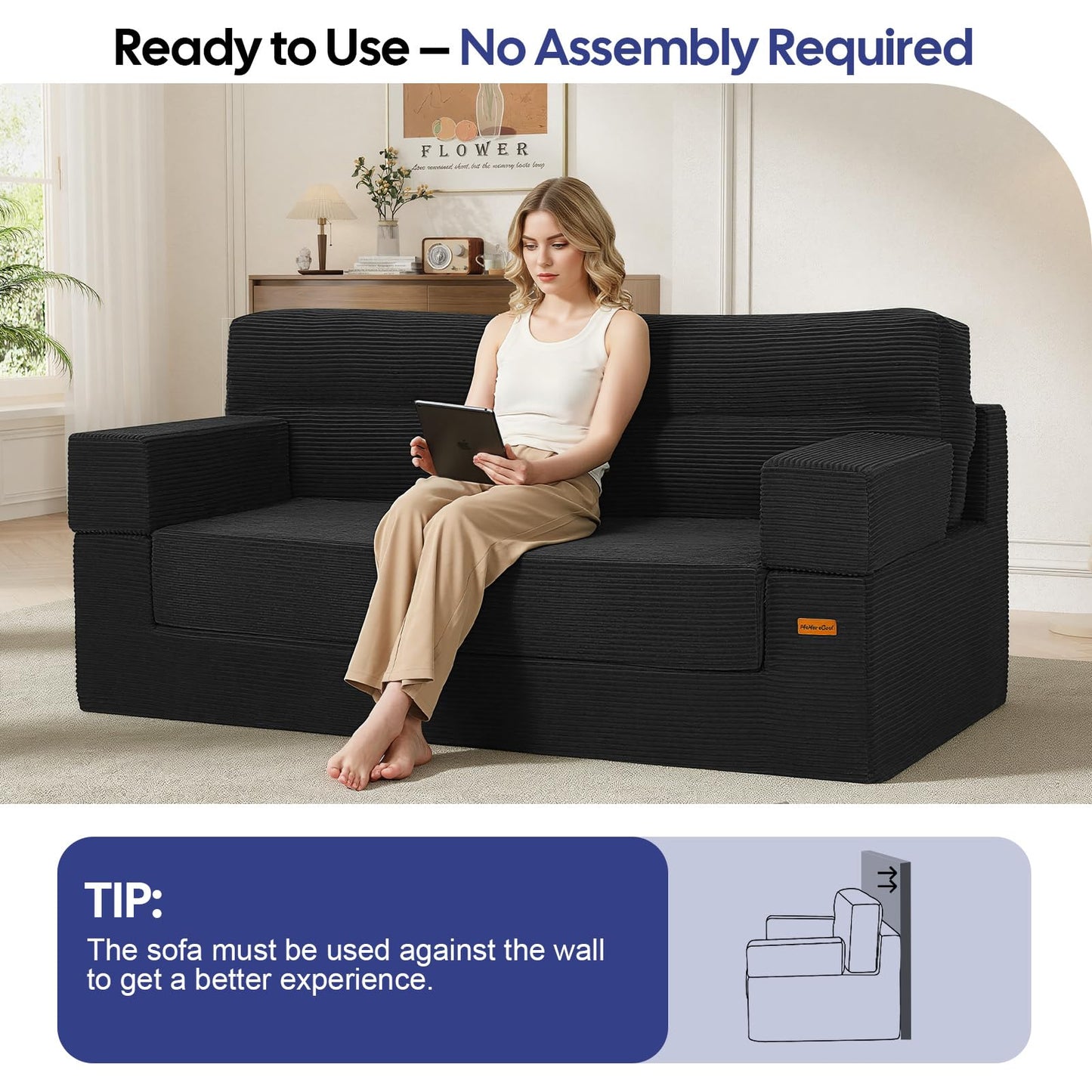 MeMoreCool Queen Sofa Bed, 4-in-1 Pull Out Couch Bed with Wedge Pillow, Boneless Futon Sleeper Loveseat, No Assembly Folding Sofa for Living Room Guest Room, Black Corduroy