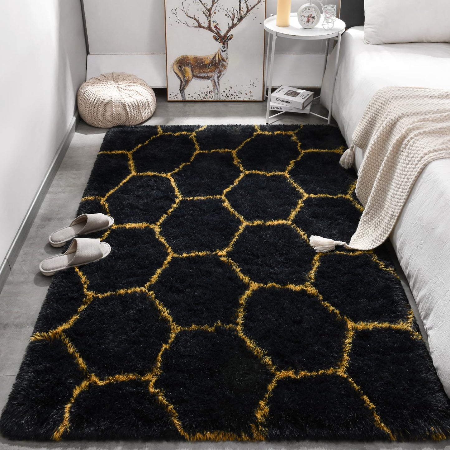 Meralax Hexagon Gold/Black Rugs for Living Room Bedroom, 4x6 Soft Area Rug Fluffy Shaggy Bedside Rug, Machine Washable Indoor Floor Carpet for Kids Boys, Dorms, Nursery Rooms, Home Decor Aesthetic