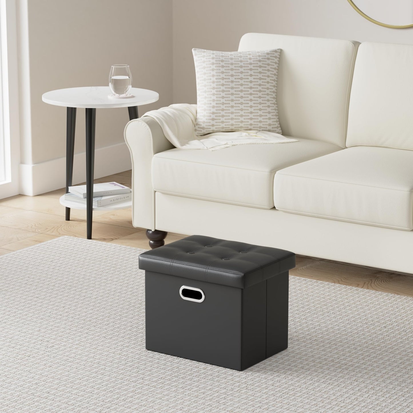 COSYLAND Ottoman with Storage Folding Leather Ottoman Footrest Foot Stool Black Ottoman for Room Small Rectangle Collapsible Bench Furniture with Handles Lid Toy Chest 17x13x13in