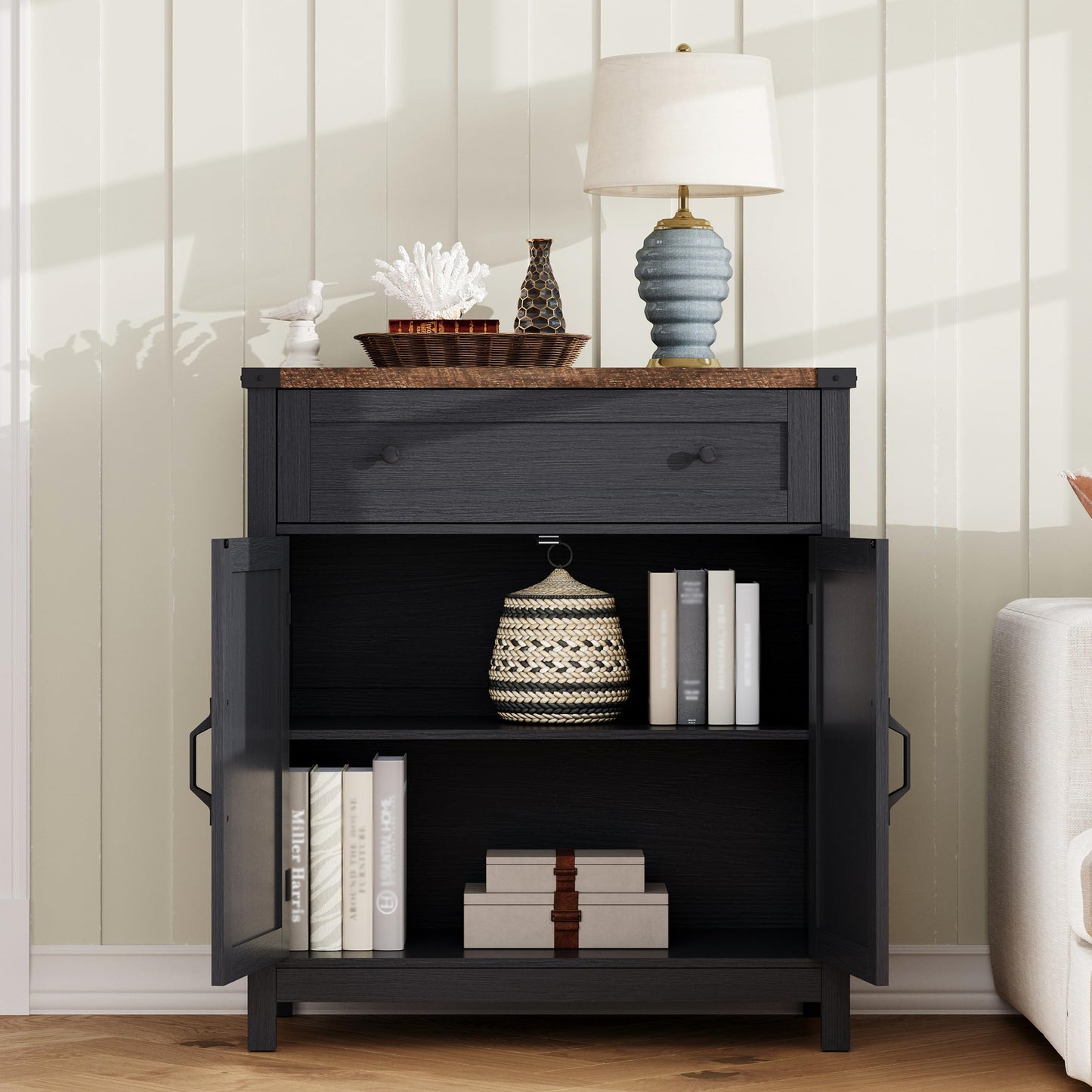 ChooChoo Kitchen Storage Cabinet, Coffee Bar Cabinet, Farmhouse Buffet Sideboard with Drawer for Kitchen, Living Room, Black