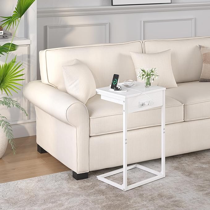 sthmec C Shaped End Table with Charging Station, 45° Tiltable Adjustable Flip