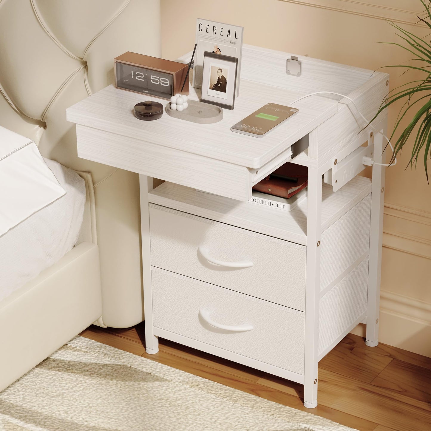 Nightstand Bedside Table Hidden Drawer - Night Stand with Charging Station and Sliding Top Storage, Bed Side Table with 2 Fabric Drawers, Modern Nightstand for Bedroom Dorm Living Room, White