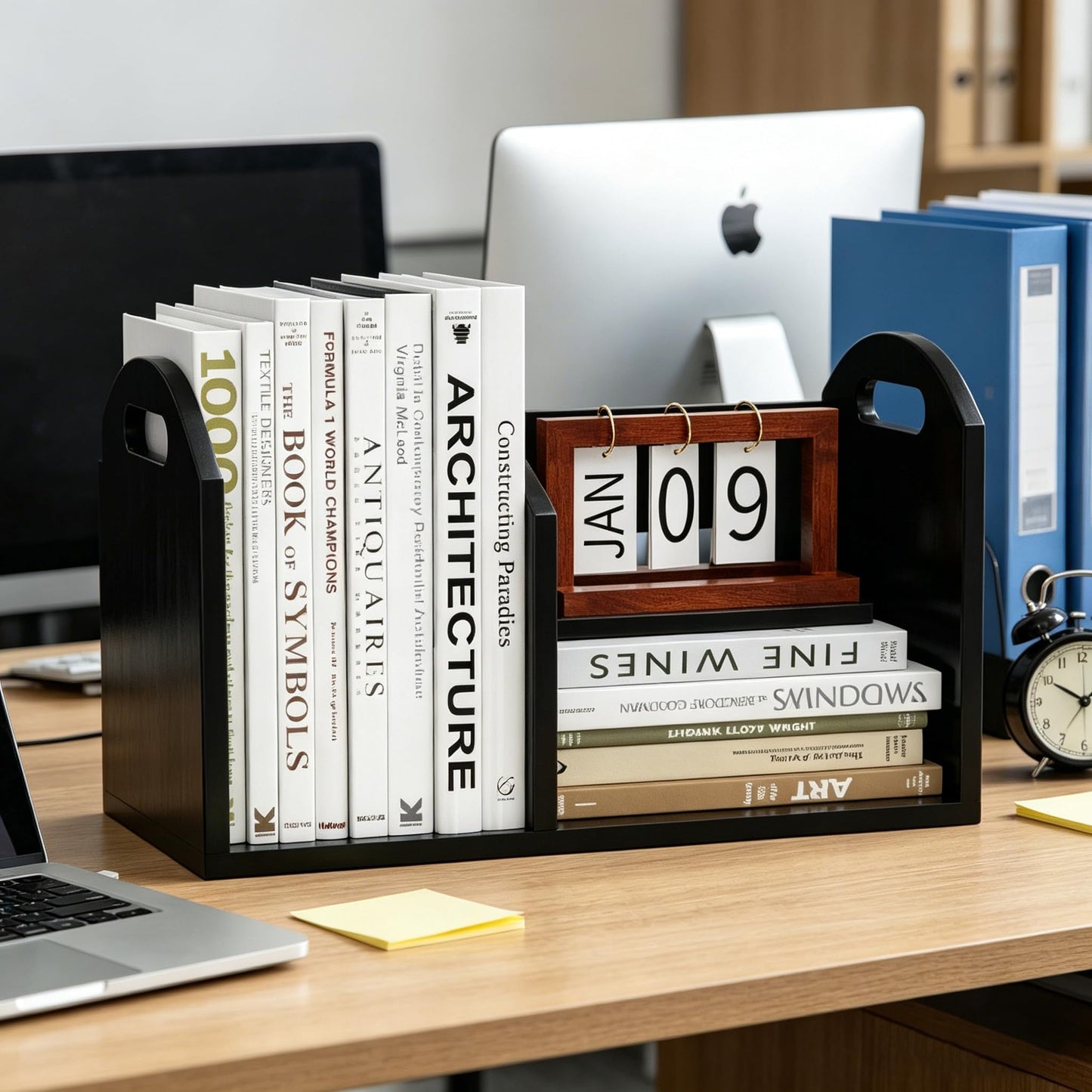 100% Solid Wood Adjustable Desktop Bookshelf, Retro Tabletop Book Shelf File Holder, Vertical Bookshelf Divider Desk Shelf for Home School Office Organization, Perfect for Books Magazine (Black)